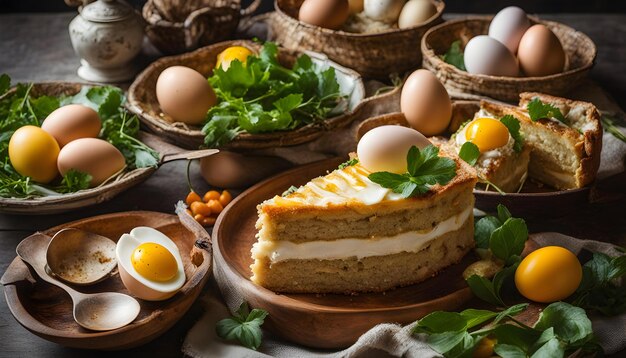 ein Teller mit Eiern und einer Scheibe Kuchen