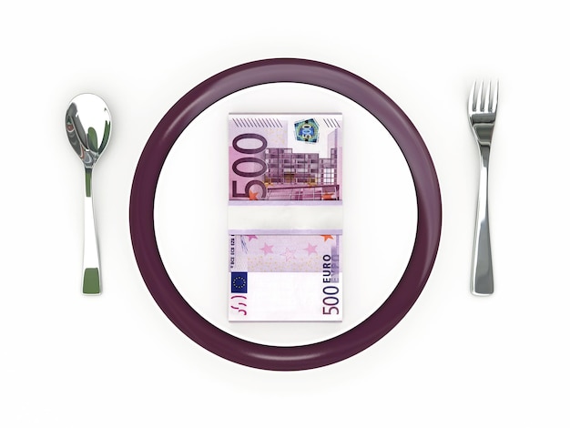 Ein Teller mit einem 5-Euro-Schein und einer Gabel und einem Messer darauf.