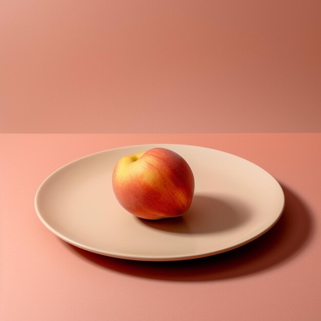 Ein Teller mit einem Apfel darauf und einem rosa Hintergrund