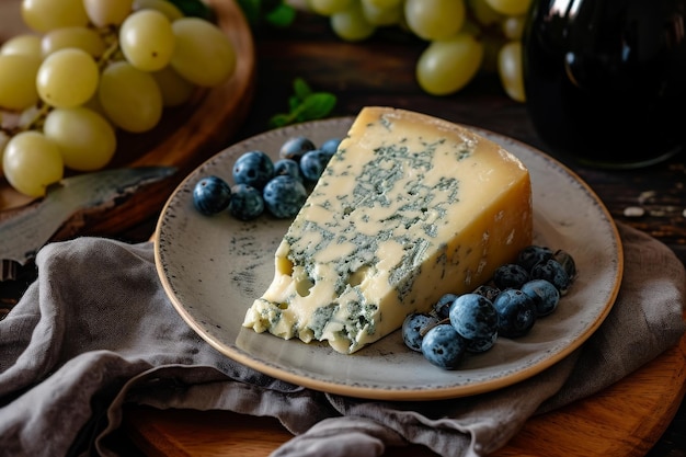 Foto ein teller mit einem einzigen stück käse und einer handvoll ordentlich angeordneten blaubeeren teller mit einer scheibe englischen stilton goldkäse ki generiert