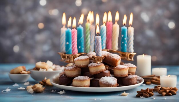 ein Teller mit einem Kuchen und Kerzen, auf dem der Geburtstag steht