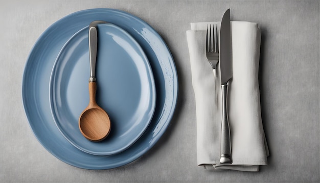 ein Teller mit einem Messer und einer Gabel neben einem Serviette mit einem Serviette und einem Messer