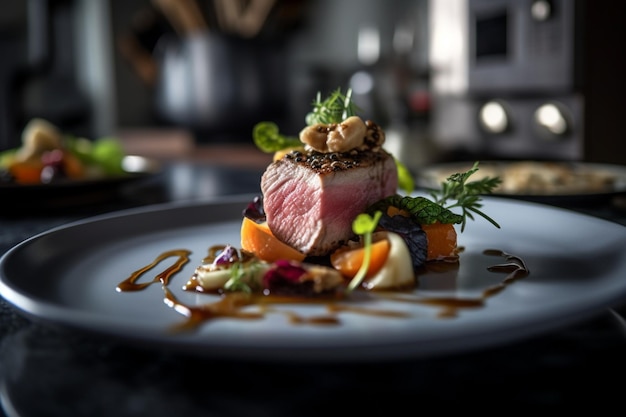 Foto ein teller mit einem stück fleisch darauf