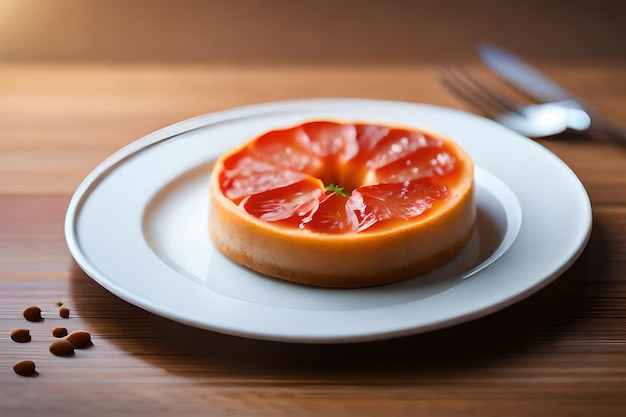 Ein Teller mit einer Frucht darauf und einer Gabel auf dem Tisch