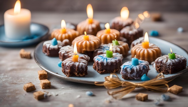 ein Teller mit einer Kerze, auf der der Geburtstag steht