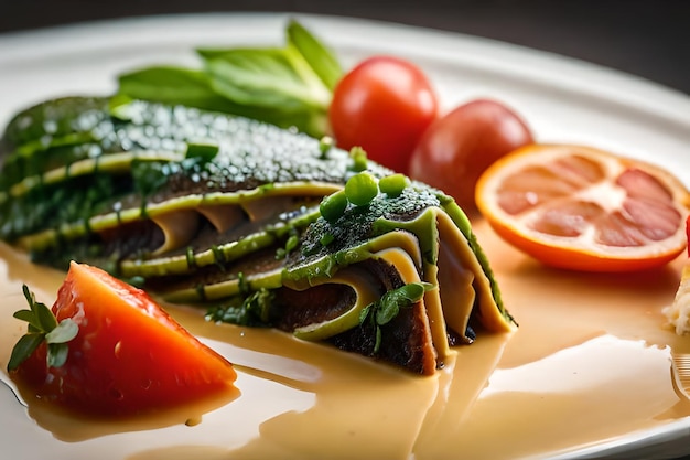 ein Teller mit einer Scheibe Avocado und Tomaten.