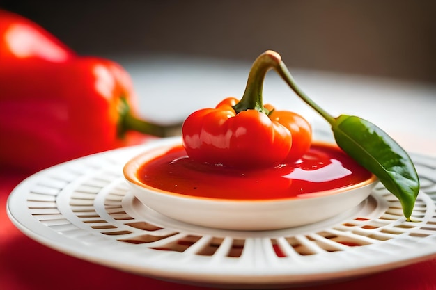 ein Teller mit einer Schüssel Kirschtomaten und einer Schuhe Sauce.