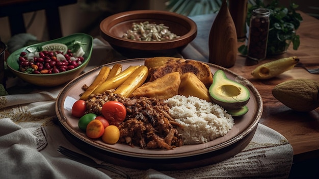 Foto ein teller mit einer vielzahl von speisen, darunter eine bananen-avocado und avocado