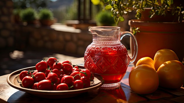 ein Teller mit Erdbeeren und Orangen auf einem Tisch