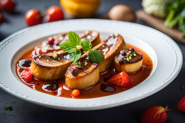 ein Teller mit Erdbeeren und Schokoladensauce.