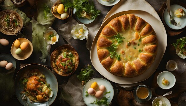 ein Teller mit Essen, auf dem ein Kuchen steht, und ein teller mit Essen mit Eiern und ein tisch mit Essen