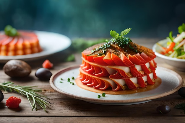 Ein Teller mit Essen, auf dem ein Teller mit Essen steht