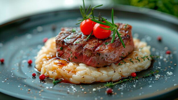 ein Teller mit Essen, auf dem sich ein Stück Fleisch befindet