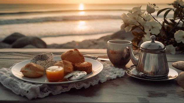 Ein Teller mit Essen auf einem Tisch mit einer Teekanne und einer Tasse Generative AI Art