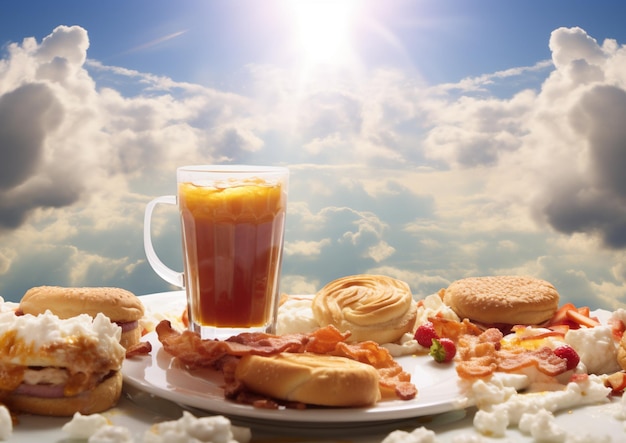 Ein Teller mit Essen, darauf ein Glas Bier und Essen