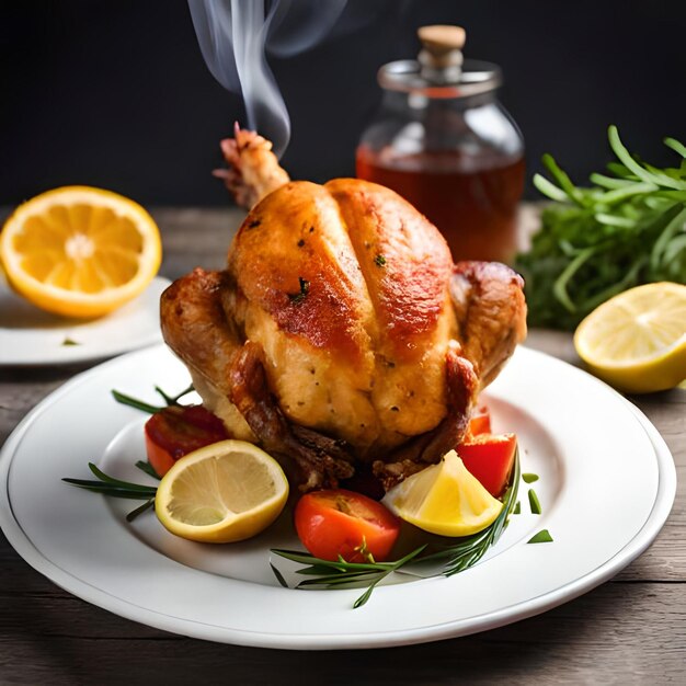 Ein Teller mit Essen, darauf ein Huhn und ein Glas Zitronen daneben.