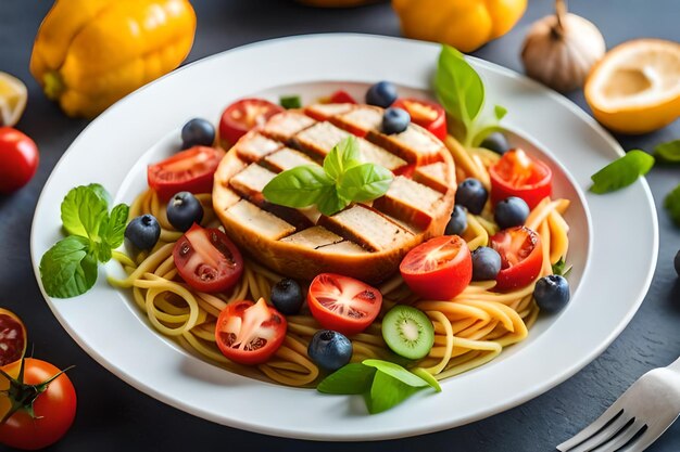 Ein Teller mit Essen, darauf Gemüse und Obst