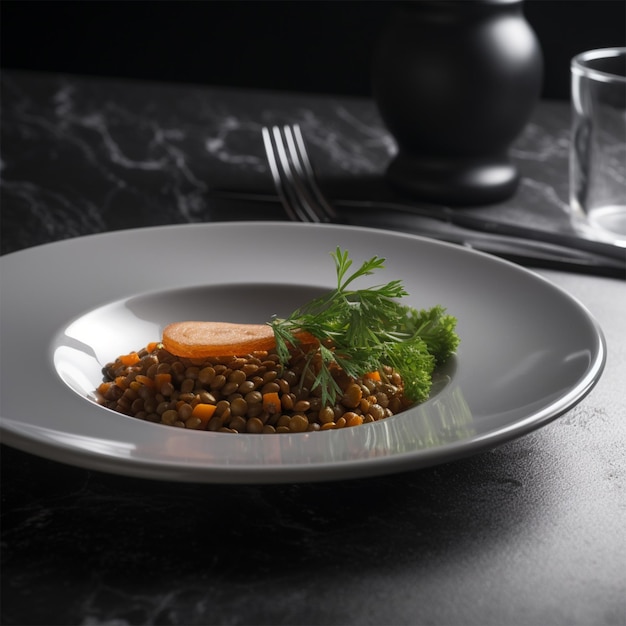 Ein Teller mit Essen, ein Stück Karotte darauf und ein Glas Wasser auf dem Tisch.