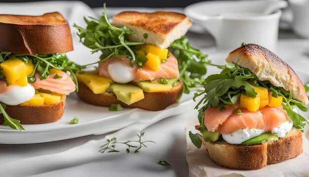 ein Teller mit Essen, einem Sandwich und Fisch darauf