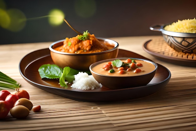 Ein Teller mit Essen, einer Schüssel Curry und einer Schüssel Reis.