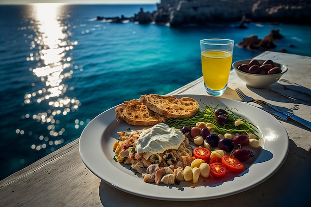 Ein Teller mit Essen mit Blick auf das Meer im Hintergrund
