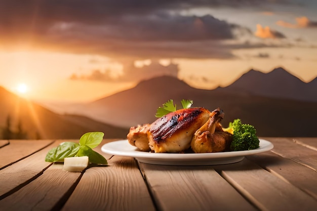 Ein Teller mit Essen mit Blick auf die Berge im Hintergrund