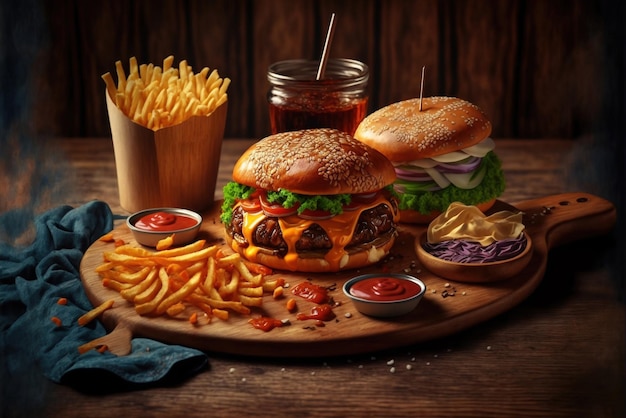 Ein Teller mit Essen mit Burger und Pommes