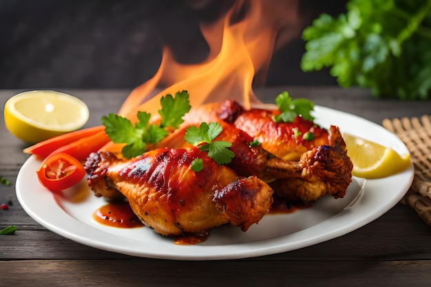 Ein Teller mit Essen mit einem Feuer an der Seite.