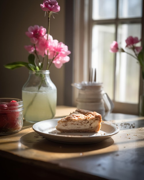 Ein Teller mit Essen mit einem Glas Himbeermarmelade im Hintergrund.