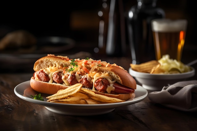 Ein Teller mit Essen mit einem Hot Dog darauf und einem Teller Pommes an der Seite.