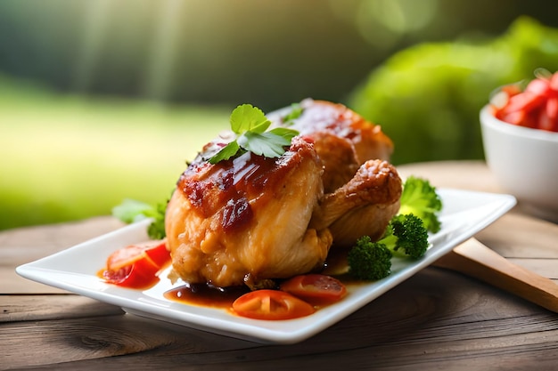 Ein Teller mit Essen mit einem Huhn darauf