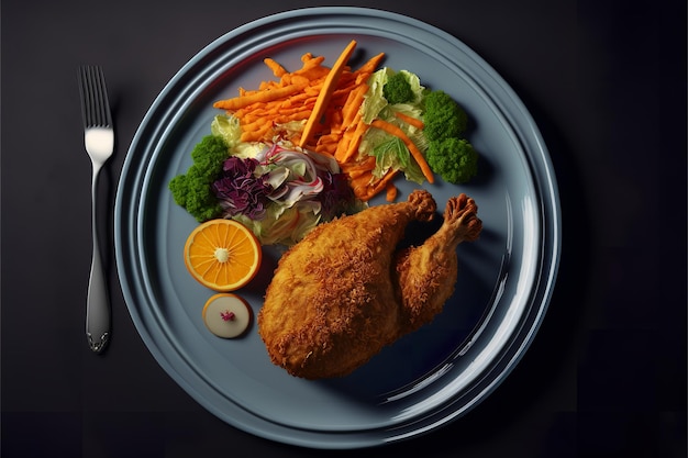 Ein Teller mit Essen mit einem Huhn und Gemüse darauf