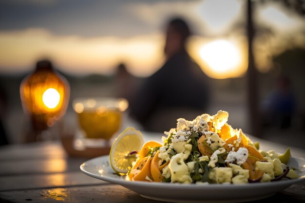 Ein Teller mit Essen mit einem Sonnenuntergang im Hintergrund