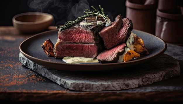 Ein Teller mit Essen mit einem Steak darauf