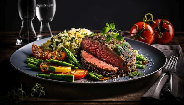 Ein Teller mit Essen mit einem Steak und Gemüse darauf