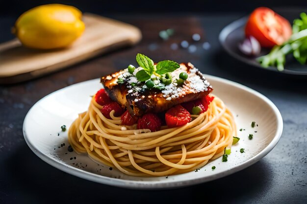 ein Teller mit Essen mit einem Stück Hühnchen und Erdbeeren darauf