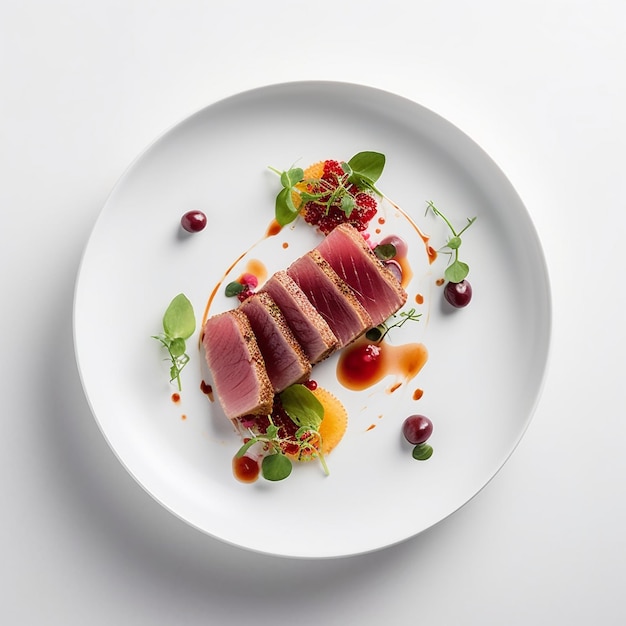 Ein Teller mit Essen mit einem Stück Thunfisch darauf