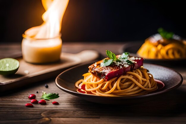 ein Teller mit Essen mit einem Teller mit einem Kerzen im Hintergrund