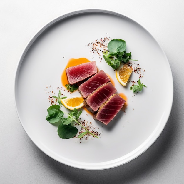 Ein Teller mit Essen mit einer Scheibe Thunfisch darauf