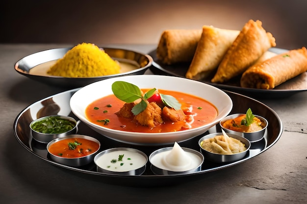 Ein Teller mit Essen mit einer Schüssel Hühnchen-Curry und anderen Gerichten