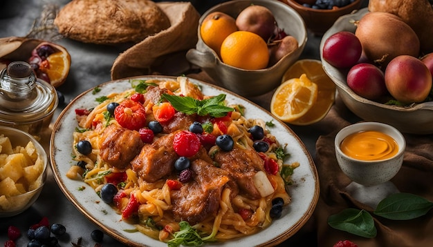 ein Teller mit Essen mit einer Schüssel mit Obst und Gemüse