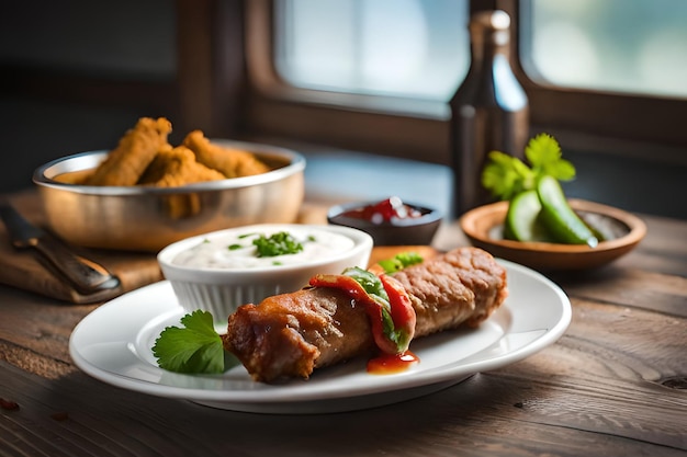 Ein Teller mit Essen mit einer Schüssel Sauerrahm und ein Teller mit Essen mit einer Schüssel Gurke.