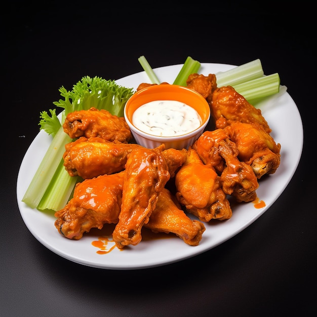 Ein Teller mit Essen mit einer Schüssel Sellerie und Chicken Wings.