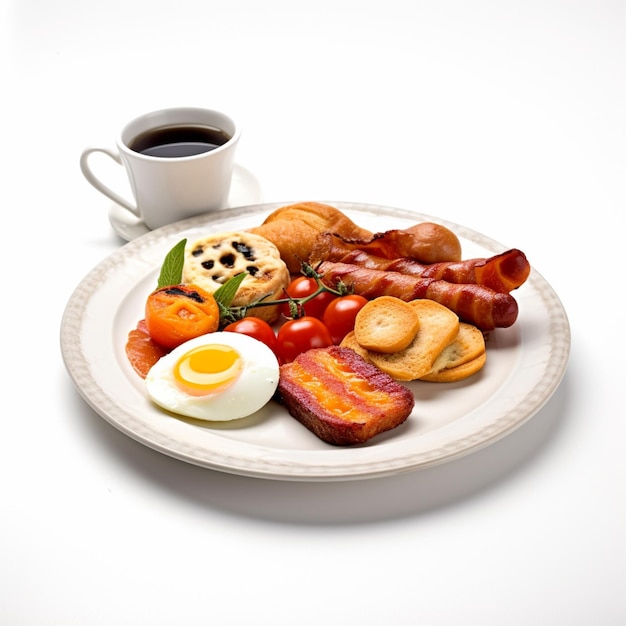 Foto ein teller mit essen mit einer tasse kaffee im hintergrund