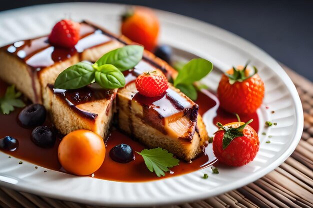 ein Teller mit Essen mit Erdbeeren und Minze darauf