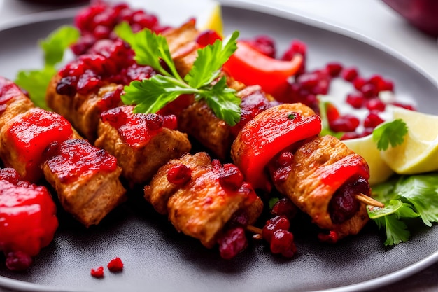 Ein Teller mit Essen mit Granatapfel darauf