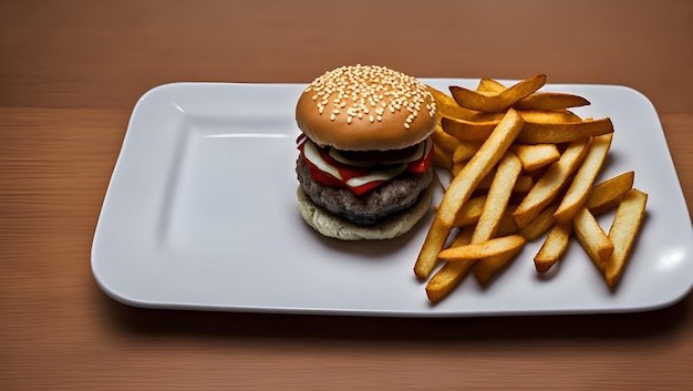 Ein Teller mit Essen mit Hamburger und Pommes Frites