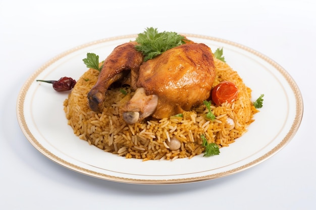 Ein Teller mit Essen mit Hühnchen und Reisgericht.