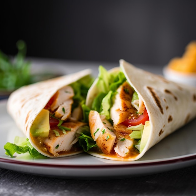 Ein Teller mit Essen mit Hühnchen-Wrap darauf