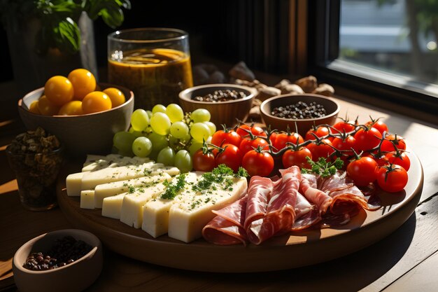 Foto ein teller mit essen mit käse generative ki